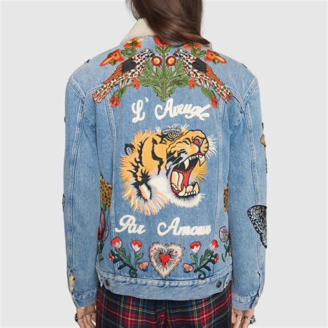 gucci tiger print lightweight jacket fake|Gucci denim jacket with embroideries.